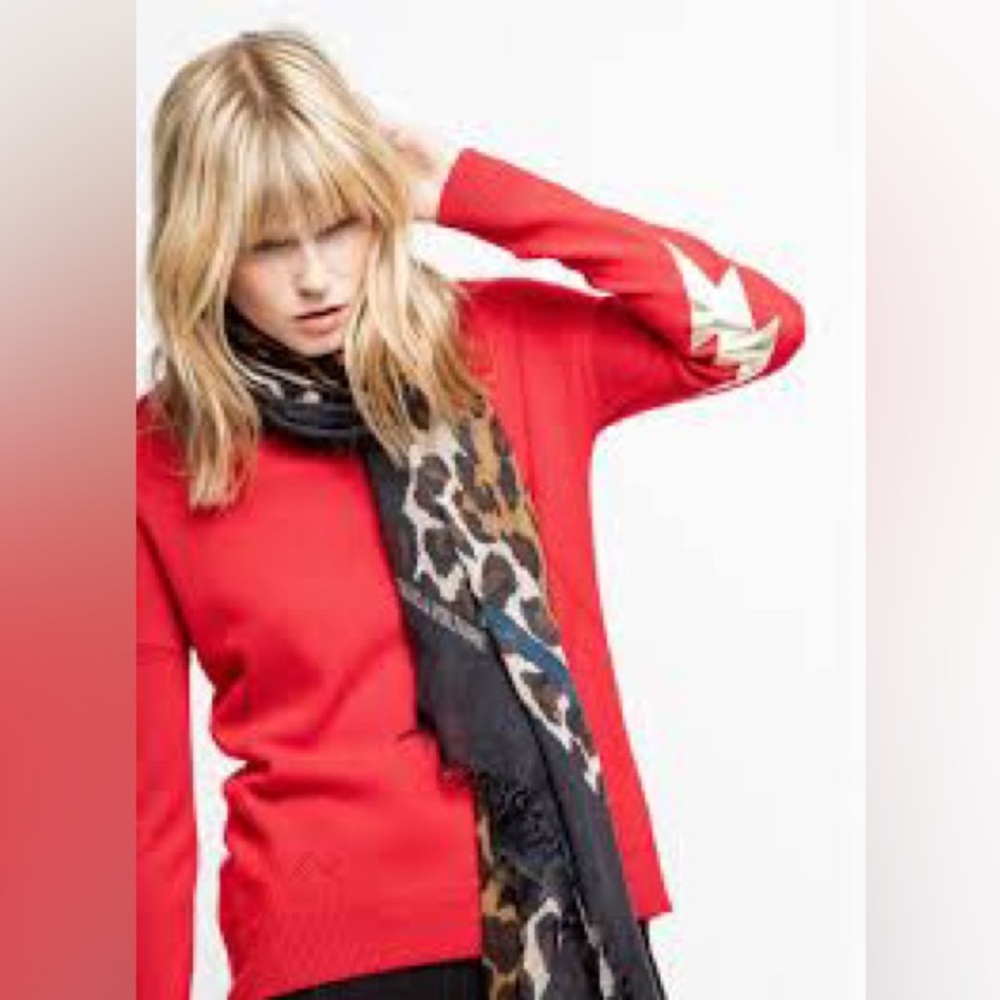 NEW Zadig & Voltaire CiCi Lightning Bolt Patch 100% Cashmere Sweater Red Small